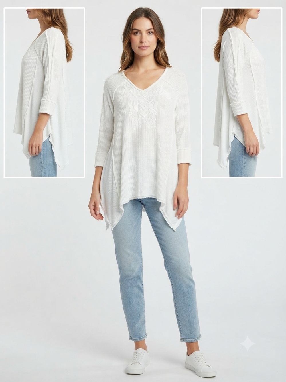 Karyn Seo Embroidered Bohemian Thermal Tunic Top, White Size Small